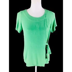 Lost April Womens Blouse Top Sz M Medium Green Short Sleeve Waist Tie Tunic Wrap